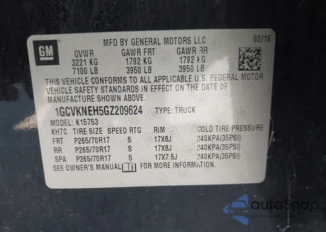 2016 Chevrolet Silverado 1500 Wt z USA, uszkodzony, nr VIN 1GCVKNEH5GZ209624